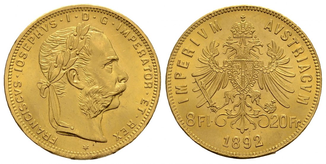 PEUS 3915 Österreich 5,81 g Feingold. Franz Joseph I. (1848 - 1916) 8 Gulden (NP) GOLD 1892 Fast Stempelglanz