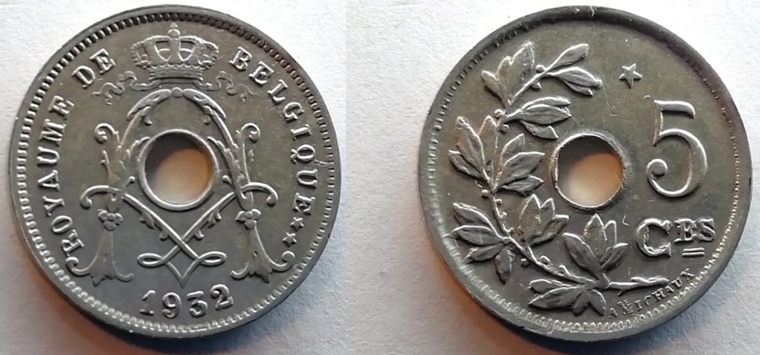 Belgium - Scarce 5 Centime 1932 Double M in Signature A. MICHAUX - Copper-Nickel
