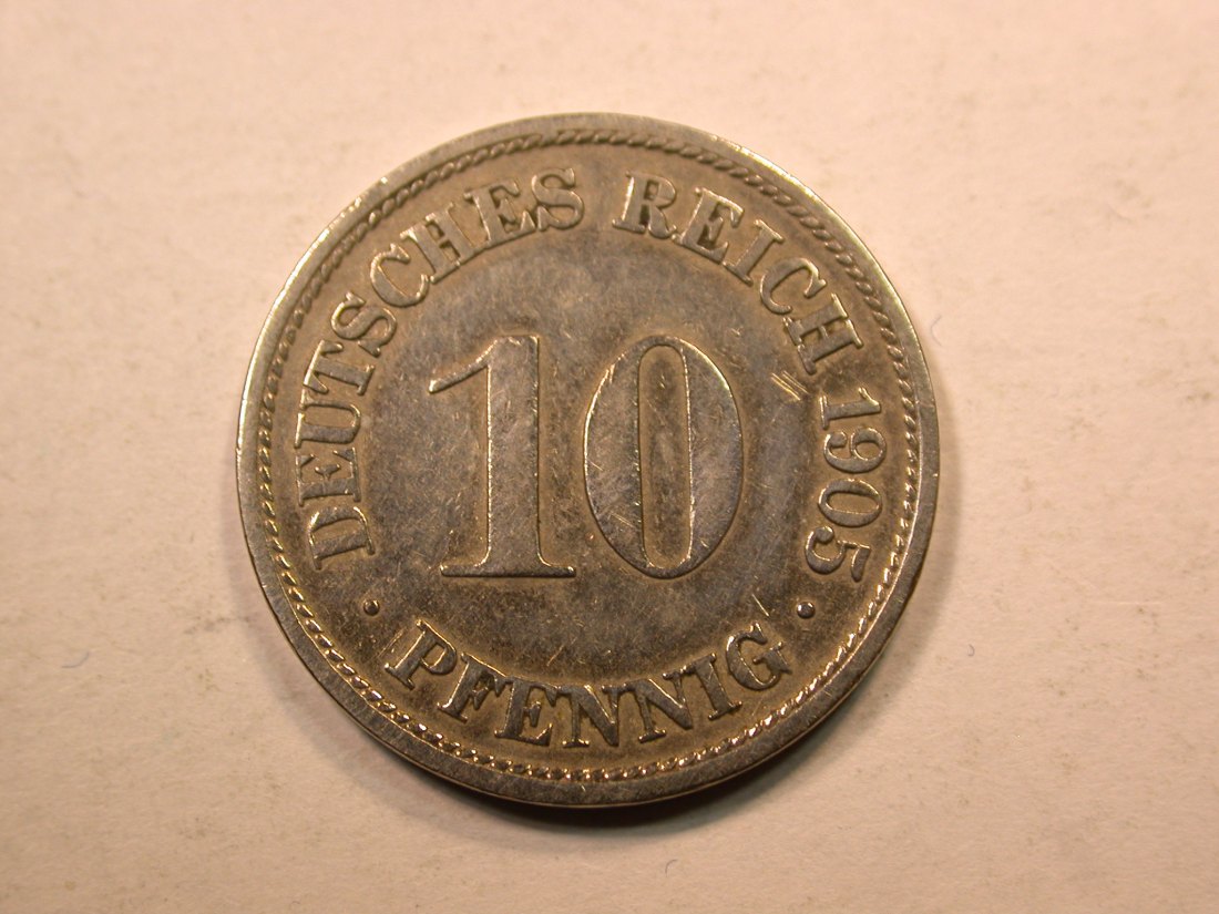 E20 KR 10 Pfennig 1905 F in f.ss, geputzt Originalbilder