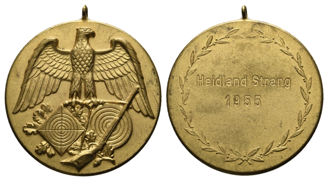  Heidland-Strang; Schützenmedaille 1955, vergoldet tragbar; 23,53 g, Ø 38,6 mm   