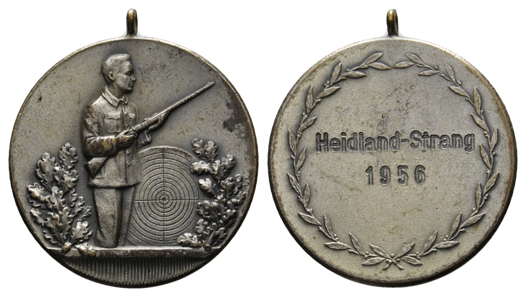  Heidland-Strang; Schützenmedaille 1956, Messing versilbert, tragbar; 16,67 g, Ø 32,9 mm   