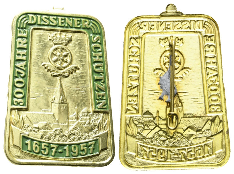  Dissen; 300 Jahre Schützen 1957, Brosche, Blech vergoldet; 6,00 g, 53,1 x 35,1 mm   