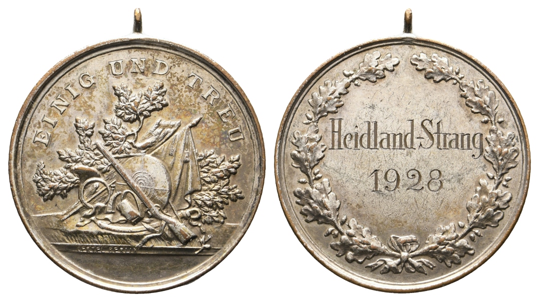  Heidland-Strang; Schützenmedaille 1928, Bronze versilbert, tragbar; 18,48 g, Ø 35,3 mm   