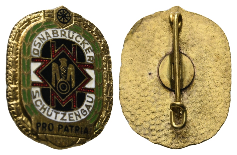  Osnabrücker Schützengau; Brosche o.J.; Emaille u. vergoldet; 7,33 g, 28,9 x 22,8 mm   