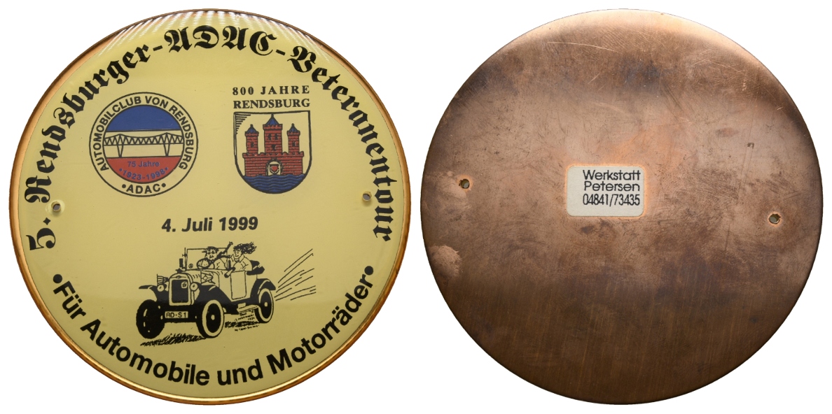  Rendsburg, ADAC Plakette 1999; Kupfer, Epoxit überzogen 64,24 g, Ø 94,1 mm   