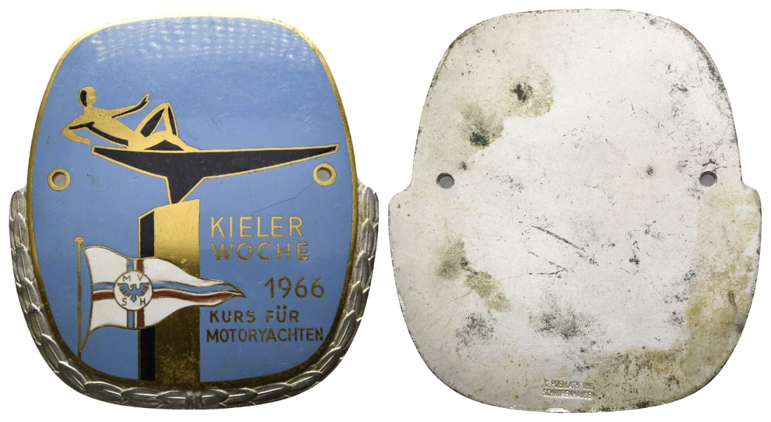  Kiel - Kieler Woche; Plakette 1966; versilbert u. emailliert; 124,32 g, 92,3 x 85,5 mm   