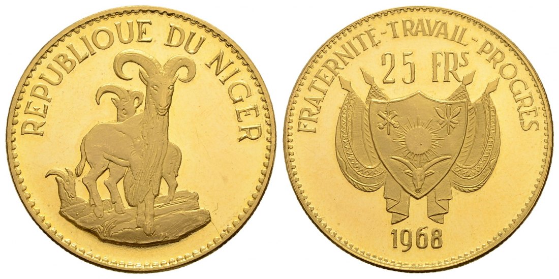PEUS 3975 Niger Republik 7,2 g Feingold. Mähnen- oder Berberschaf nur 1.000 Exemplare 25 Francs GOLD 1968 Proof