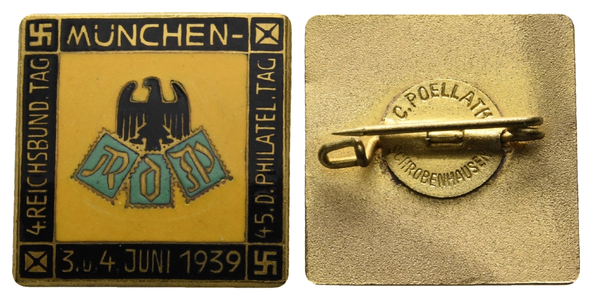  München,4. Reichsbundtag; Brosche 1939; vergoldet u. emailliert; 6,79 g, 24,7 x 24,7 mm   