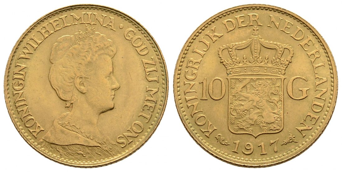 PEUS 3977 Niederlande 6,06 g Feingold. Wilhelmina (1890 - 1948) 10 Gulden GOLD 1917 Vorzüglich