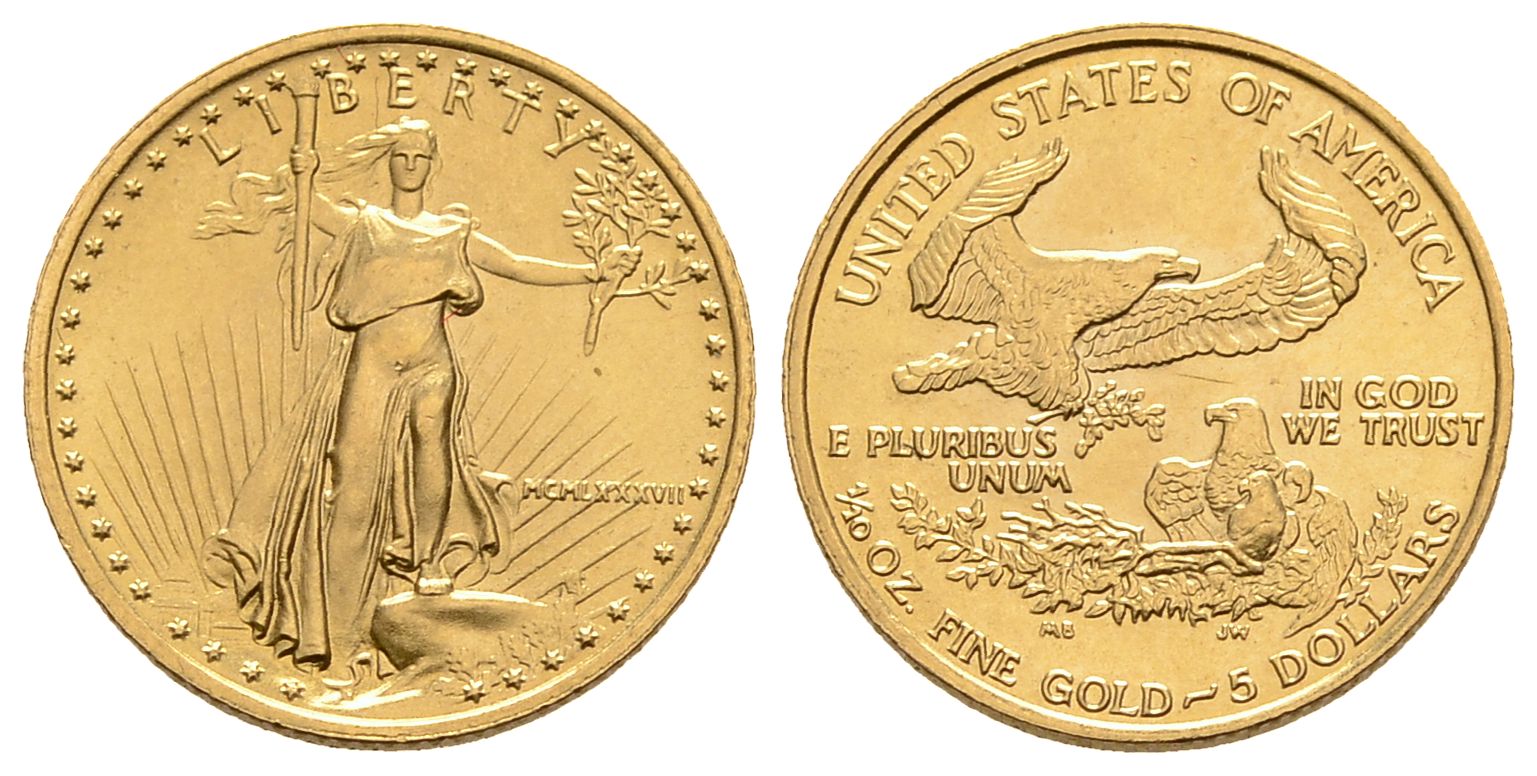 PEUS 3981 USA 3,11 g Feingold 5 Dollars GOLD 1/10 Unze 1987 Kl. Kratzer, fast Stempelglanz