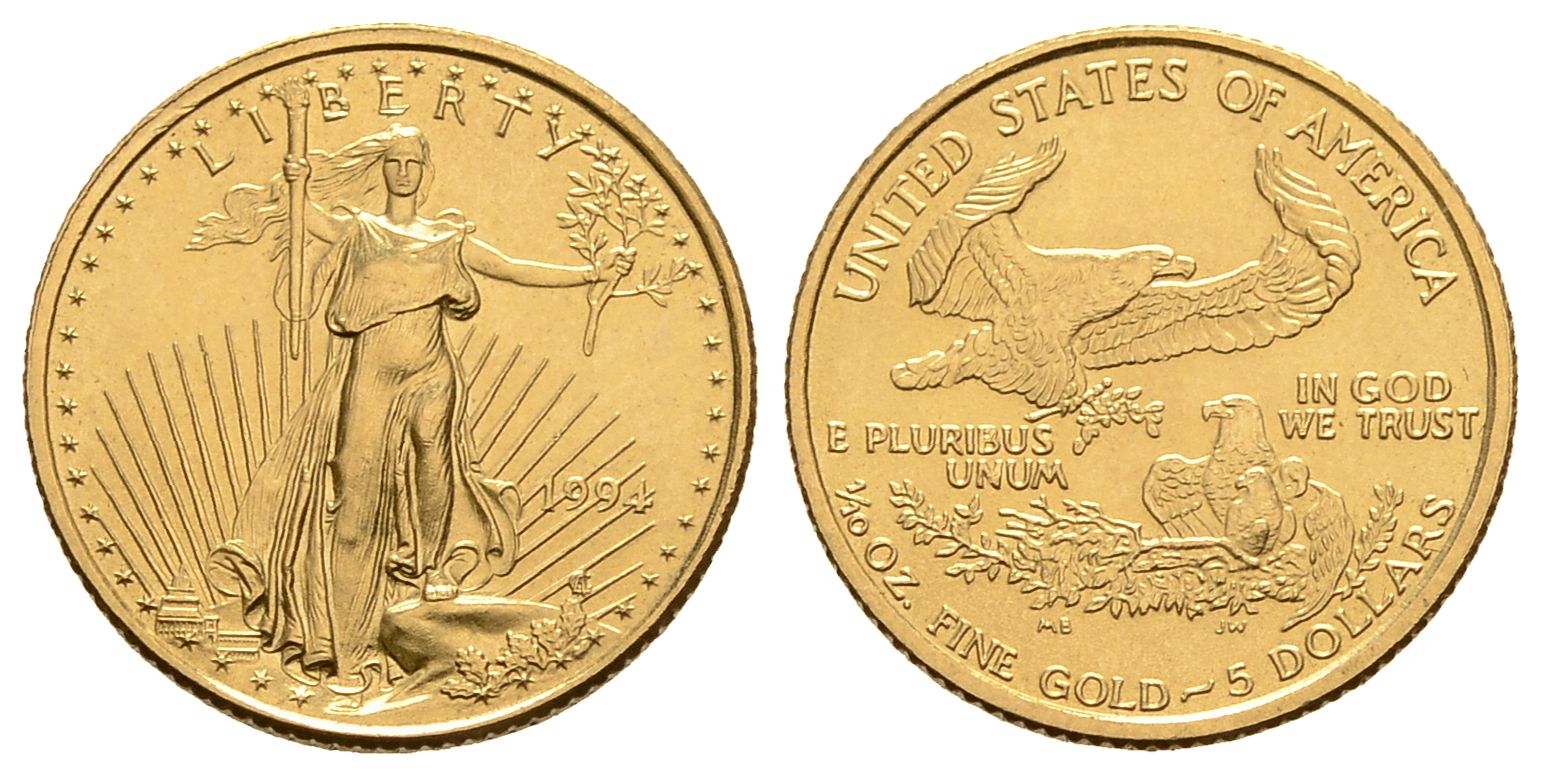 PEUS 3982 USA 3,11 g Feingold 5 Dollars GOLD 1/10 Unze 1994 Winzige Kratzer, fast Stempelglanz