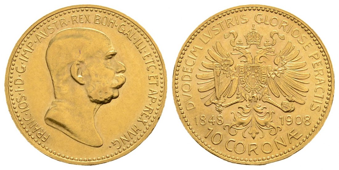 PEUS 3988 Österreich 3,05 g Feingold. Zum 60. Regierungsjubiläum Franz Joseph I. (1848 - 1916) 10 Kronen GOLD 1908 Kl. Kratzer, Vorzüglich +