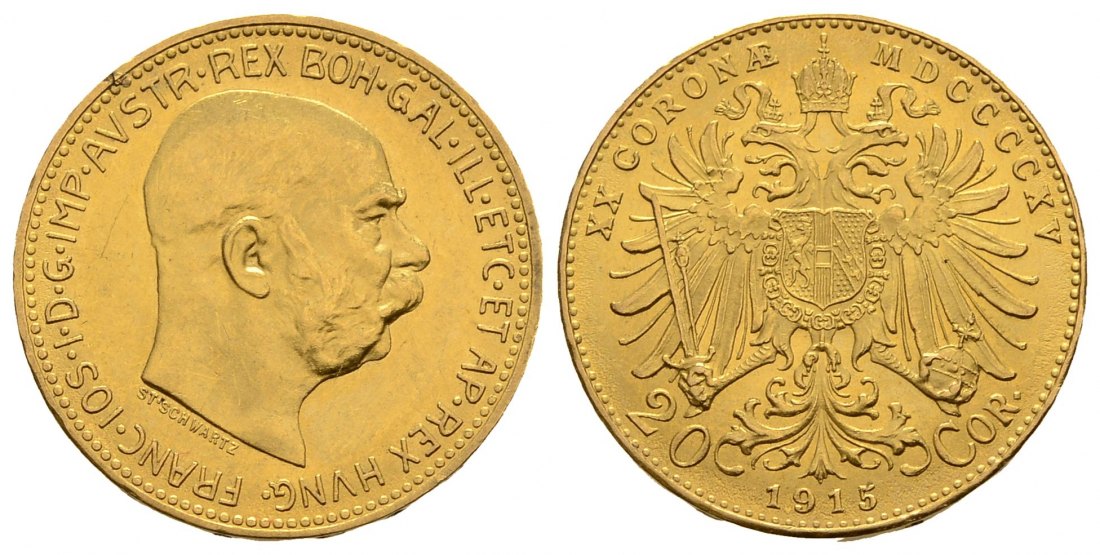 PEUS 3989 Österreich 6,1 g Feingold. Franz Joseph I. (1848 - 1916) 20 Kronen (off.NP) GOLD 1915 Kl. Kratzer/Randfehler, VZ +