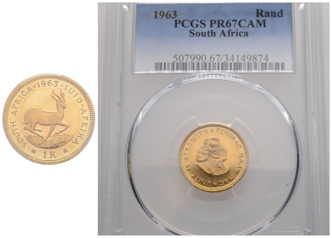 PEUS 3990 Südafrika 3,66 g Feingold. In PCGS-Plastic-Holder 1 Rand GOLD 1963 PCGS PR67/ Winzige Kratzer fStempelglanz