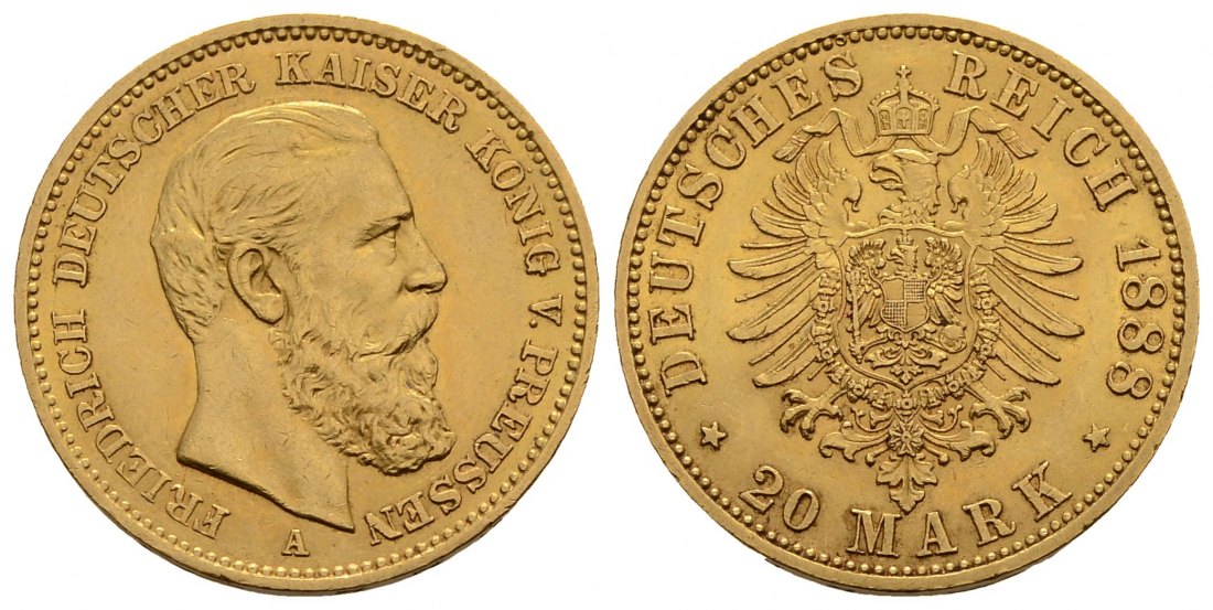 PEUS 3995 Kaiserreich - Preußen 7,16 g Feingold. Friedrich III.(09.03. - 15.06.1888) 20 Mark GOLD 1888 A Kl. Kratzer, Sehr schön +