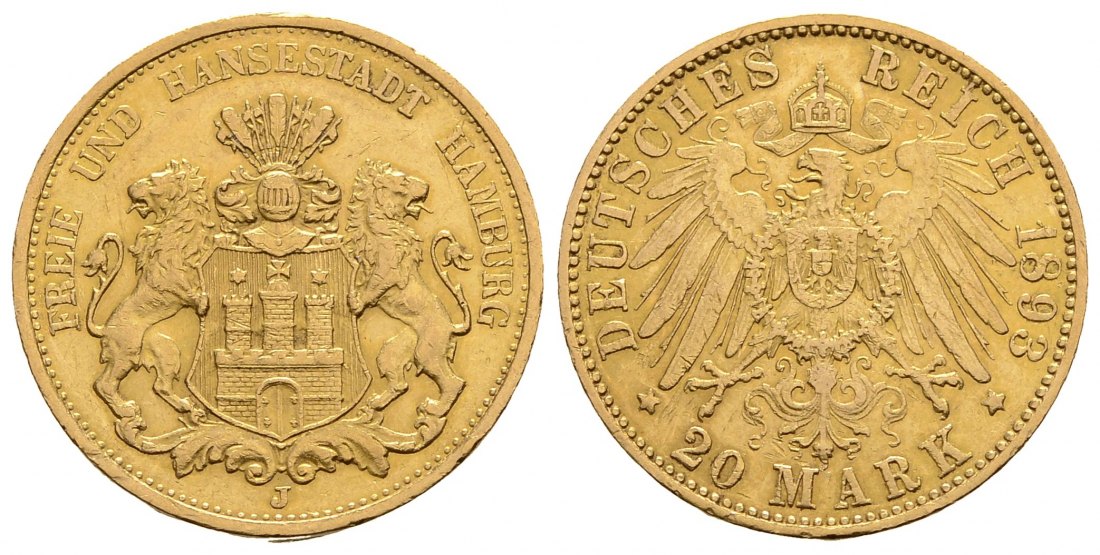 PEUS 3996 Kaiserreich - Hamburg 7,16 g Feingold. Stadtwappen 20 Mark GOLD 1893 J Sehr schön