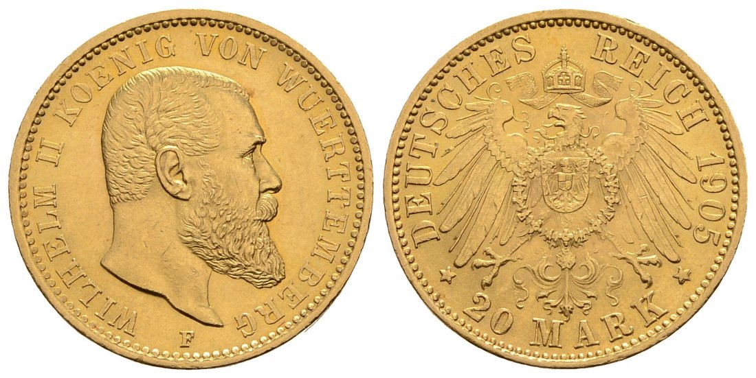 PEUS 3997 Kaiserreich - Württemberg 7,16 g Feingold. Wilhelm II. (1891 - 1918) 20 Mark GOLD 1905 F Stuttgart Kl. Kratzer, Sehr schön +