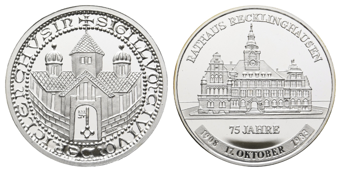 Recklinghausen; Medaille 1983, 75 Jahre Rathaus ; 1000 AG, 15,10 g, Ø 35,1 mm, PP   
