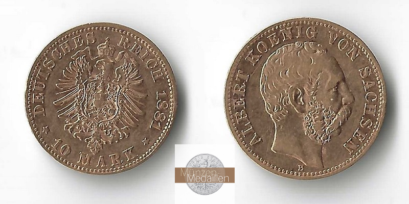 Sachsen, Königreich MM-Frankfurt Feingold: 3,58g 10 Mark 1881 E 