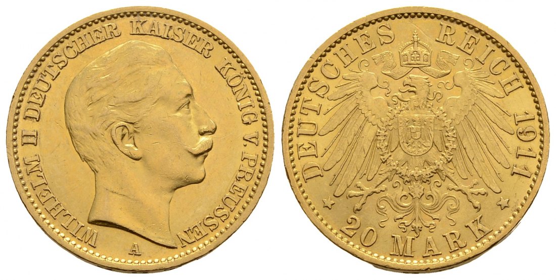 PEUS 3950 Preußen - Kaiserreich 7,16 g Feingold. Wilhelm II. (1888 - 1918) 20 Mark GOLD 1911 A Kl. Kratzer, Sehr schön