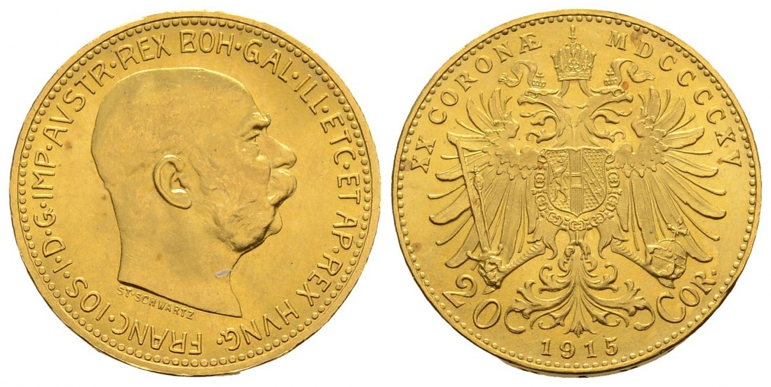 PEUS 3952 Österreich 6,1 g Feingold. Franz Joseph I. (1848 - 1916) 20 Kronen (off.NP) GOLD 1915 Kl. Kratzer, fast Stempelglanz