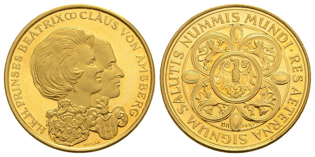 PEUS 3953 Niederlande 20 mm / 3,1 g Feingold. Beatrix & Claus Goldmedaille o.J. Impaired Proof / Vorzüglich + aus PP