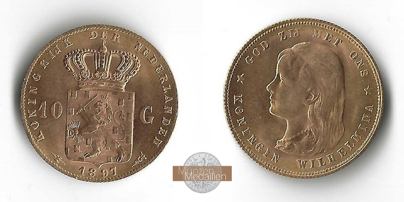 Niederlande MM-Frankfurt Feingold: 6,06g 10 Gulden 1897 ss