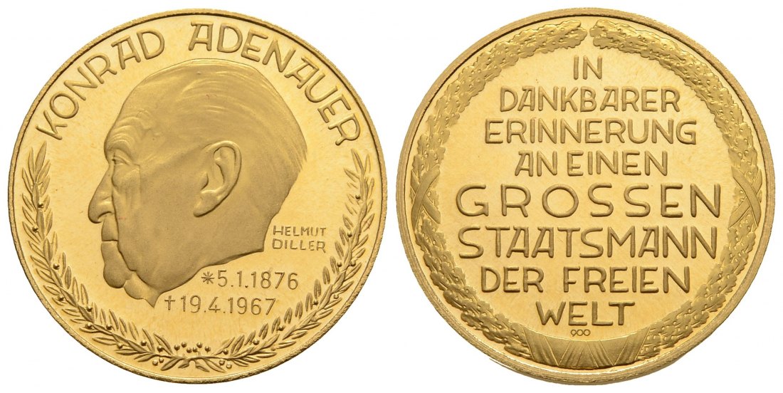 PEUS 3954 BRD 26 mm / 9,36 g Feingold. Konrad Adenauer Porträt Goldmedaille o.J. Polierter Platte (Haarlinien)