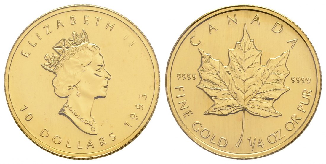 PEUS 3955 Kanada 7,78 g Feingold. Maple Leaf 10 Dollars GOLD 1/4 Unze 1993 Stempelglanz (eingeschweißt)