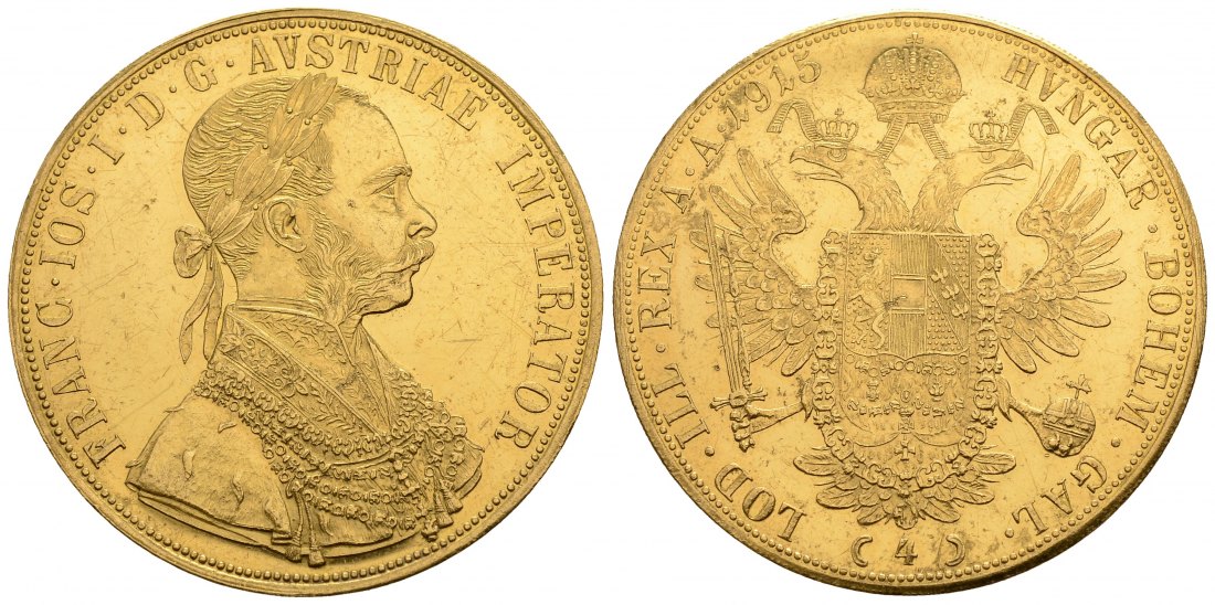 PEUS 3956 Österreich 13,76 g Feingold. Franz Joseph I. (1848 - 1916) 4 Dukaten (off.NP) GOLD 1915 Kl. Kratzer, Vorzüglich