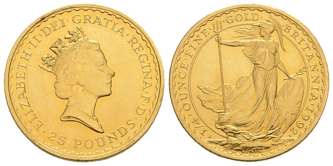 PEUS 4029 Grossbritannien 7,8 g Feingold. Britannia 25 Pounds GOLD 1/4 Unze 1992 Kl. Kratzer, Vorzüglich