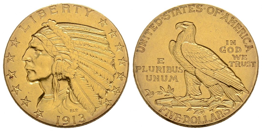 PEUS 4034 USA 7,52 g Feingold. Indian Head 5 Dollars GOLD 1913 Sehr schön