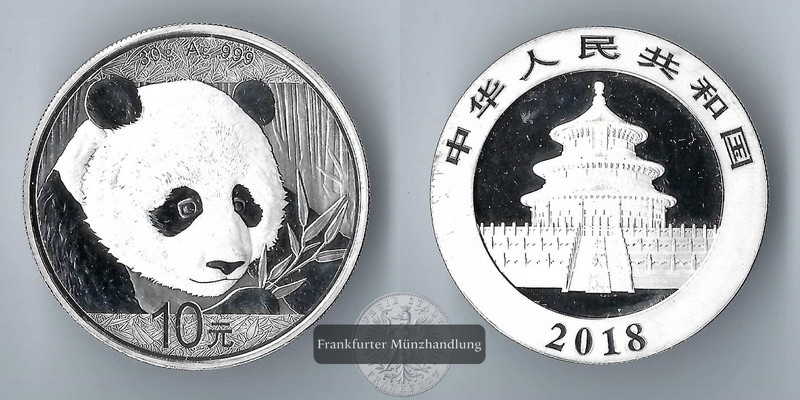  China,  10 Yuan  2018  Panda  FM-Frankfurt  Feinsilber: 30g   