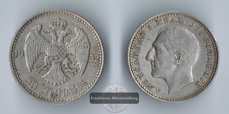  Jugoslawien, 50 Dinar 1932 Kralj Alexander I.   FM-Frankfurt  Feinsilber: 17,5g   
