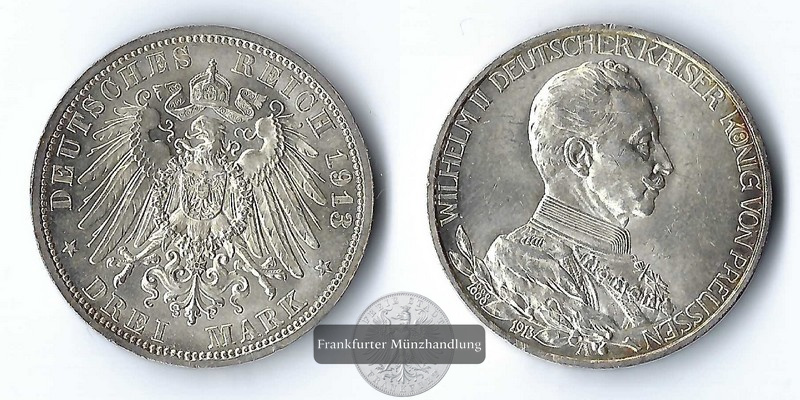  Preussen, Kaiserreich  3 Mark  1913   Wilhelm II. in Uniform  FM-Frankfurt Feinsilber: 15g   