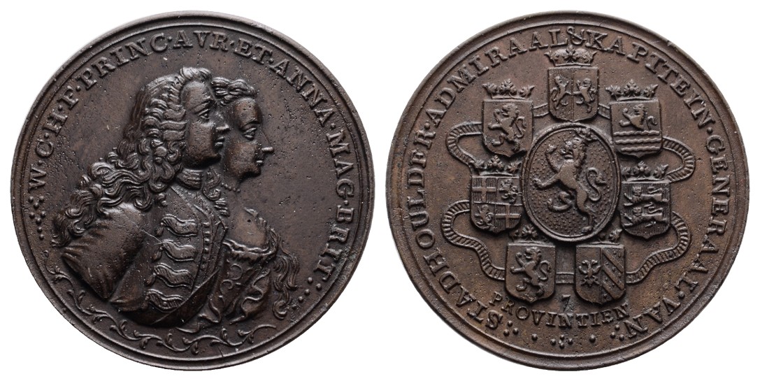  Linnartz Niederlande Bronzemedaille 1747, Proklamation Erbstatthalter, 41 mm, Fast vz/vz   