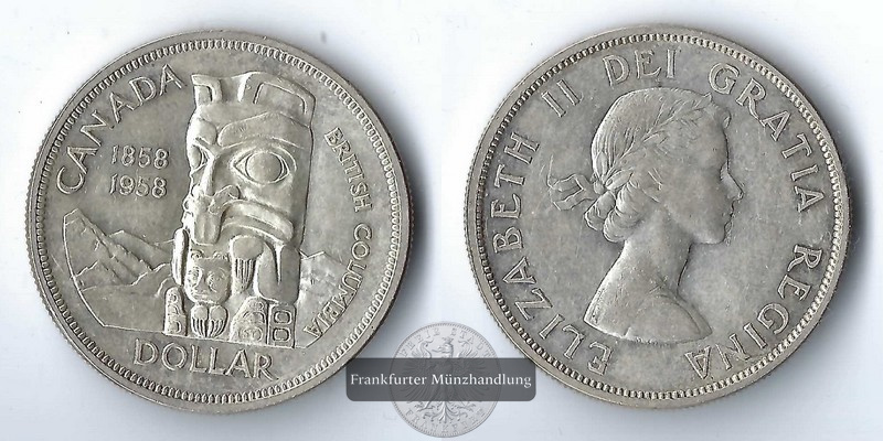 Kanada 1 Dollar  1958 British Columbia    FM-Frankfurt    Feinsilber: 18,66g   