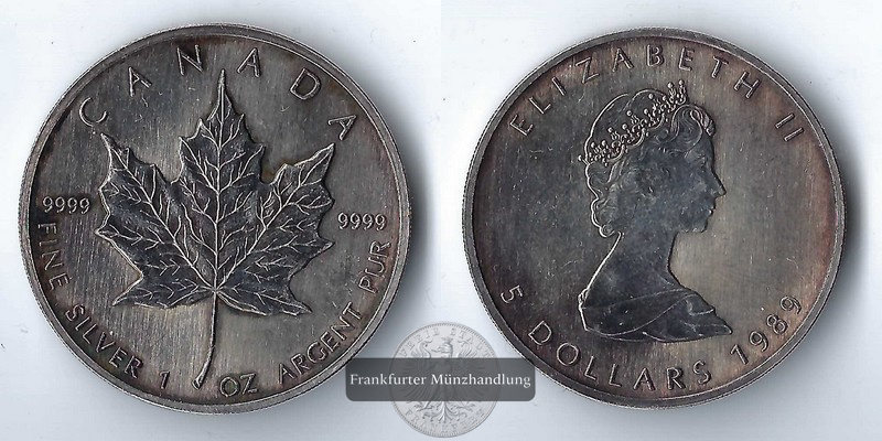  Kanada  5 Dollar  1989   Maple Leaf   FM-Frankfurt   Feinsilber: 31,1g   