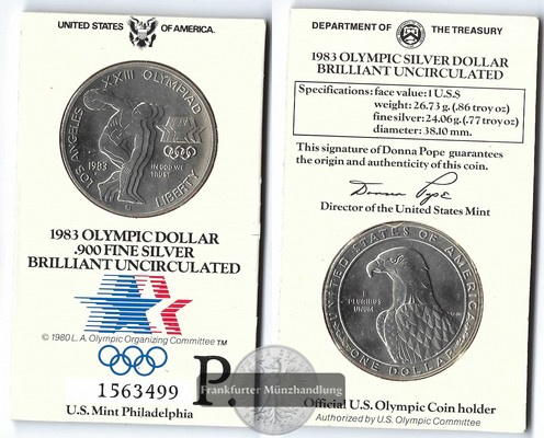  USA  1 Dollar  1983 P   Los Angeles XXIII Olympia    FM-Frankfurt  Feinsilber: 24,06g   