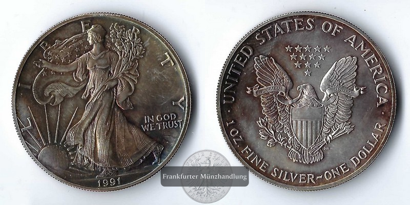  USA  1 Dollar  1991  American Silver Eagle   FM-Frankfurt     Feinsilber: 31,11g   