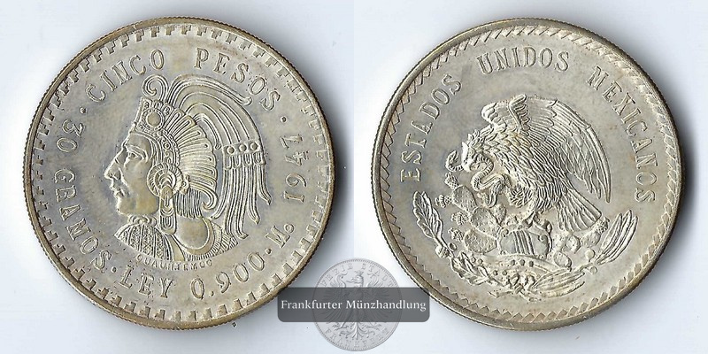  Mexiko  5 Pesos  1947  Head of Cuauhtemoc    FM-Frankfurt  Feinsilber: 27g   