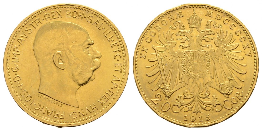 PEUS 4037 Österreich 6,1 g Feingold. Franz Joseph I. (1848 - 1916) 20 Kronen (off.NP) GOLD 1915 Kl. Kratzer, fast Stempelglanz
