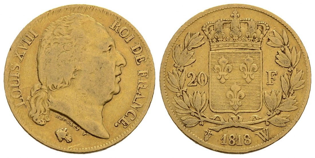 PEUS 4043 Frankreich 5,81 g Feingold. Ludwig XVIII. (1815 - 1824) 20 Francs GOLD 1818 W Lille Sehr schön