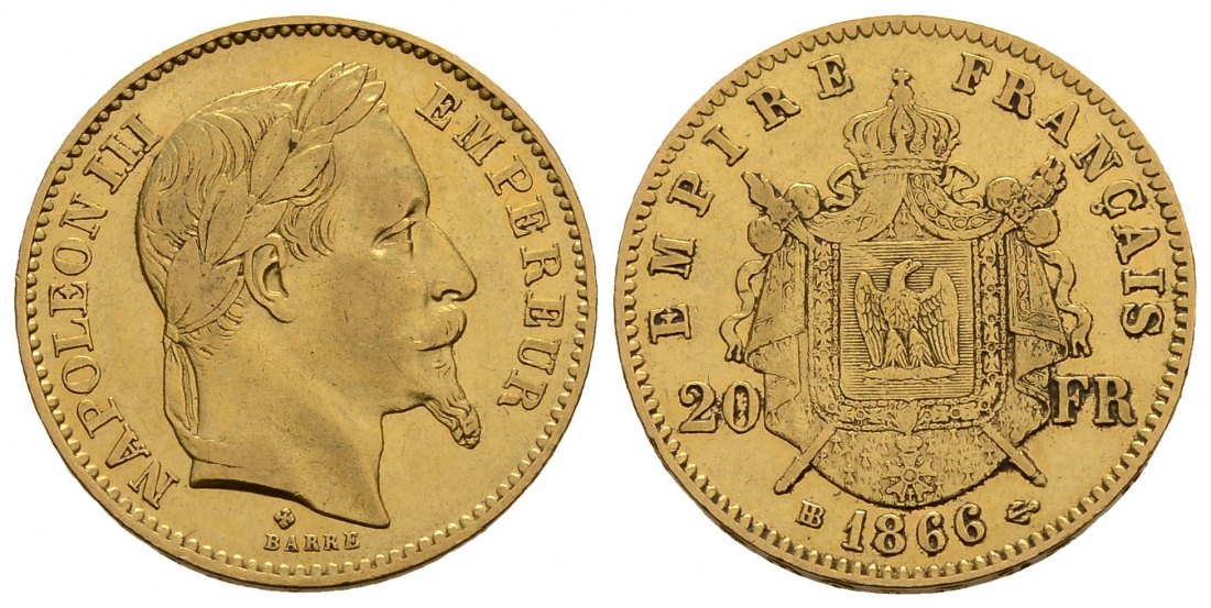 PEUS 4047 Frankreich 5,81 g Feingold 20 Francs GOLD 1866 BB Straßbur Sehr schön