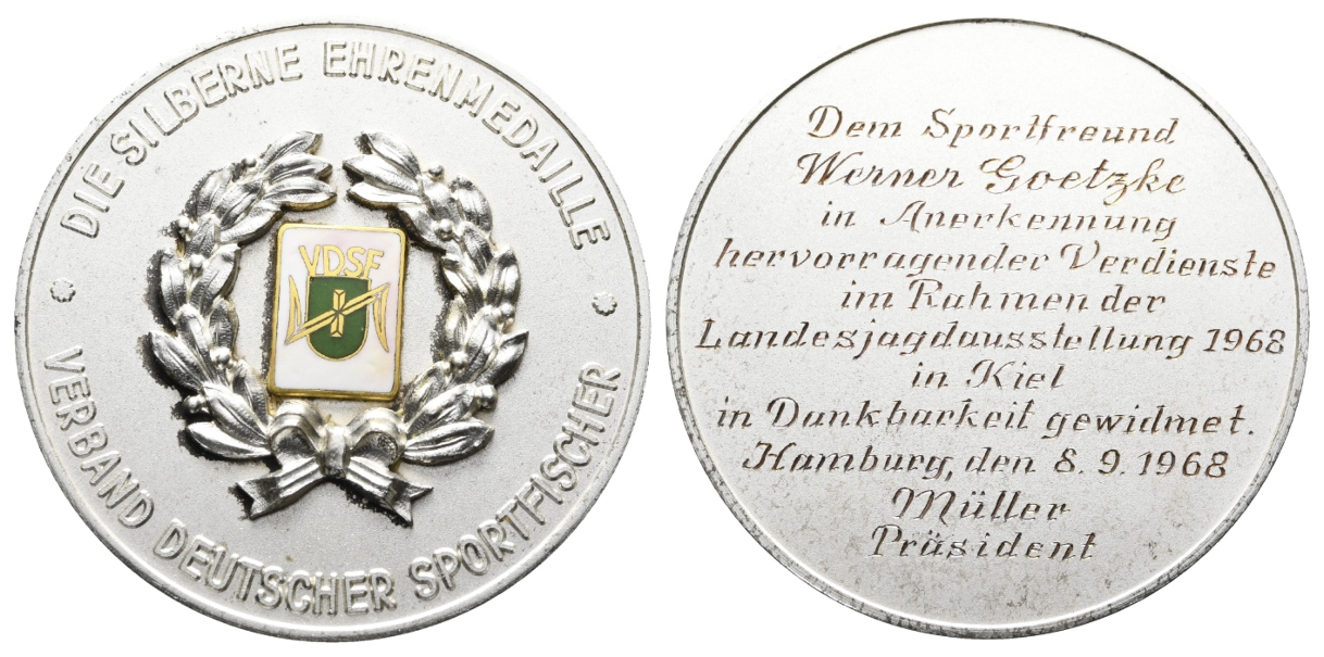  Kiel; Ehrenmedaille 1968; Verband Deutscher Sportfischer, versilbert; 72,84 g, Ø 60,2 mm   