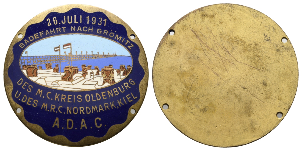  ADAC; Medaille 1931, M.C. Oldenburg u. M.C. Kiel; Messing emailliert, 35,44 g, Ø 59,9 mm   