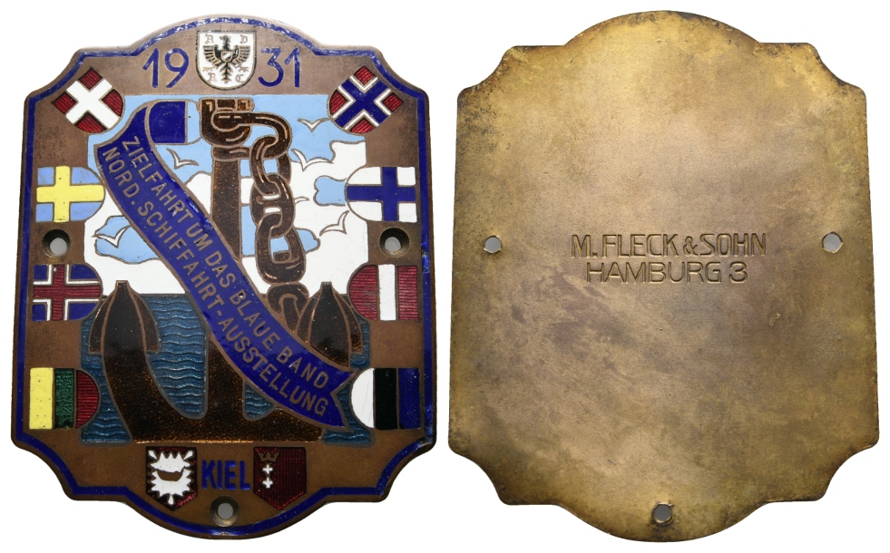  Kiel; Plakette 1931; Zielfahrt um das blaue Band, emailliert 129,33 g, 101,6 x  x 79,4 mm   