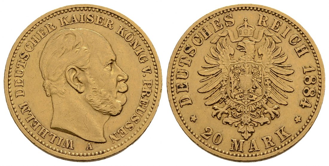 PEUS 4053 Kaiserreich - Preußen 7,17 g Feingold. Wilhelm I. (1861 - 1888) 20 Mark GOLD 1884 A Berlin Sehr schön