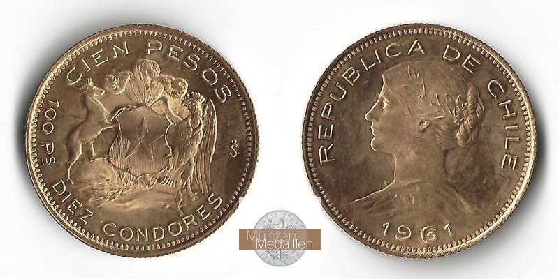 Chile MM-Frankfurt  Feingold: 18,30g 100 Pesos 1961 