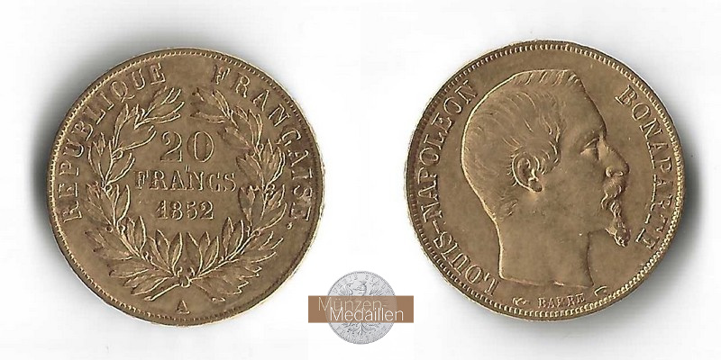 Frankreich MM-Frankfurt  Feingold: 5,81g 20 Francs 1852 A 